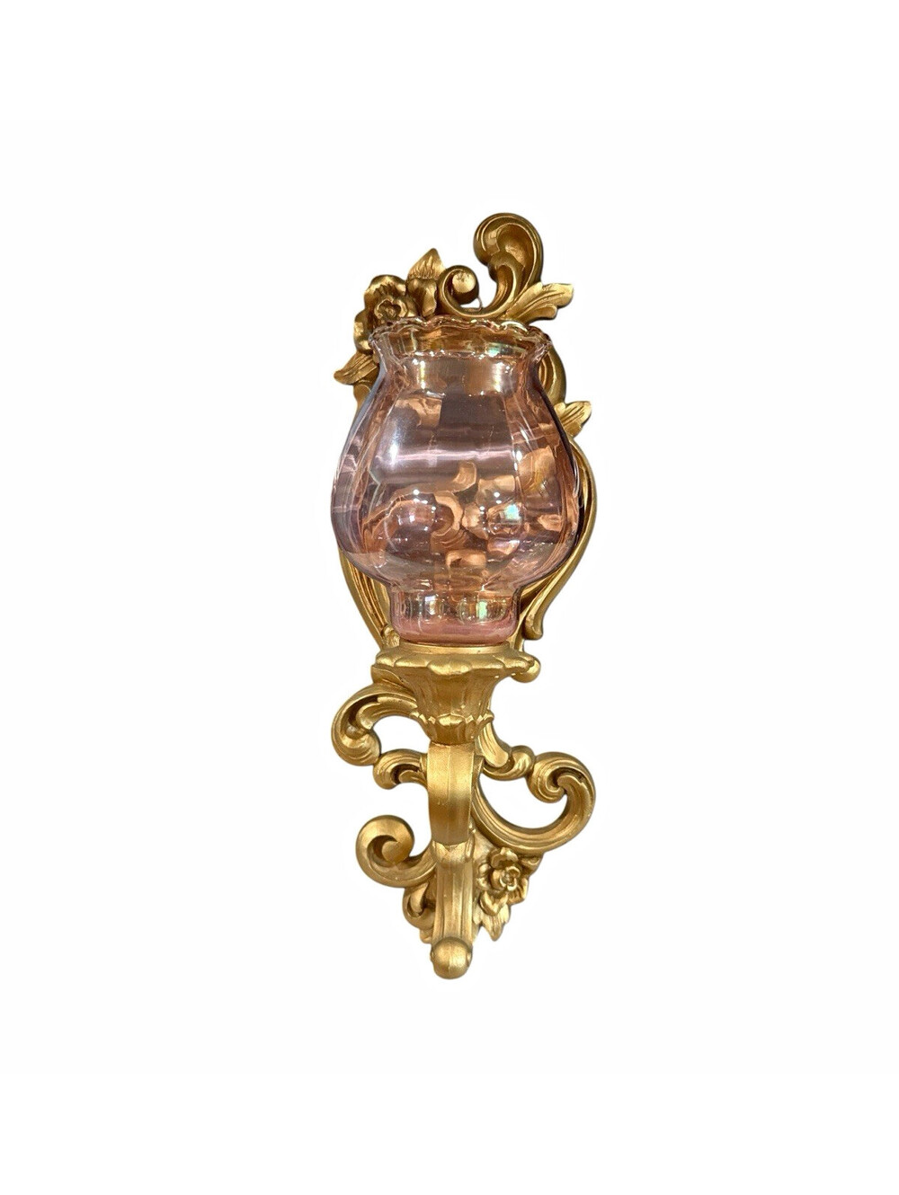 Gold Metal Look Wall Mounted Sconce Candle Holder Pink Glass Shade Rococo Floral
